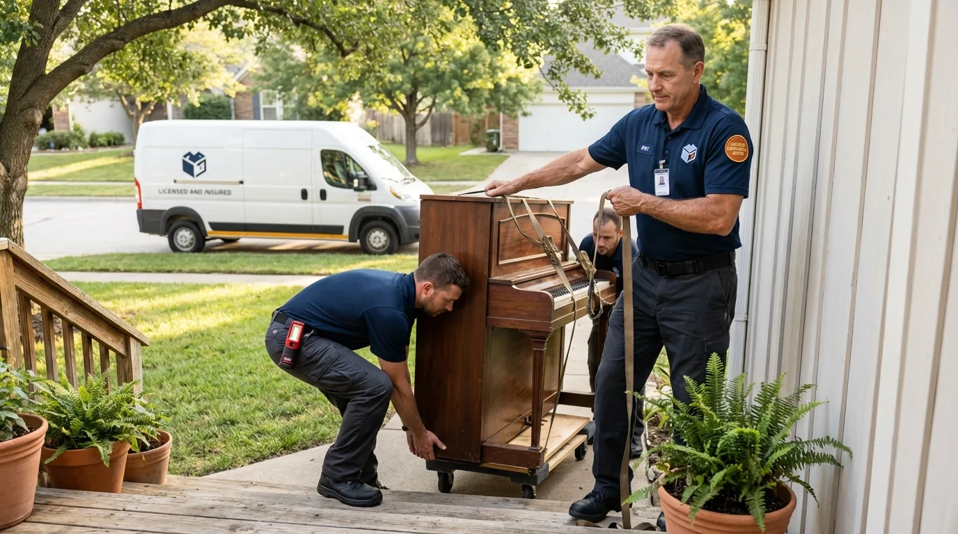 Licensed piano movers securing grand piano in Little Valley, NY
