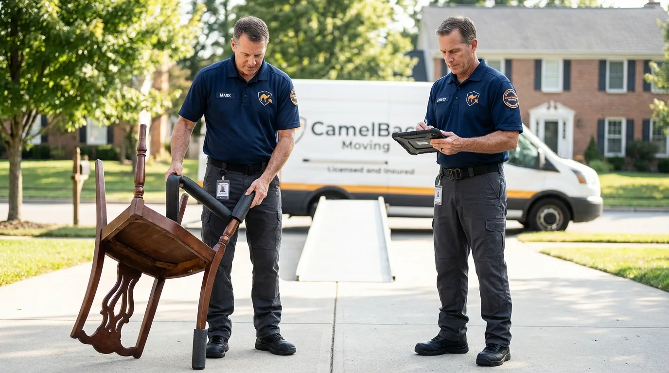 Movers inspecting furniture for damage prevention before loading in Little Valley, NY