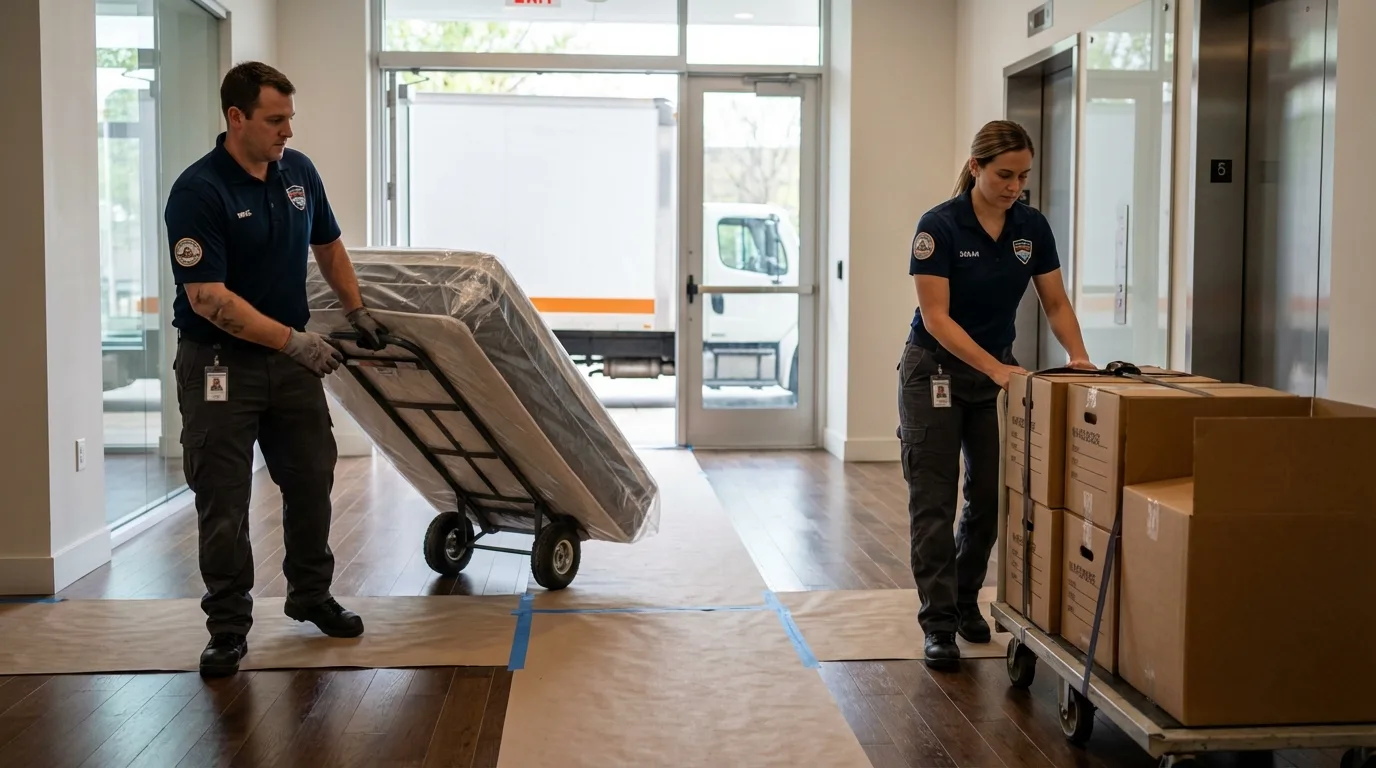 Professional apartment movers loading elevator in Little Valley, NY