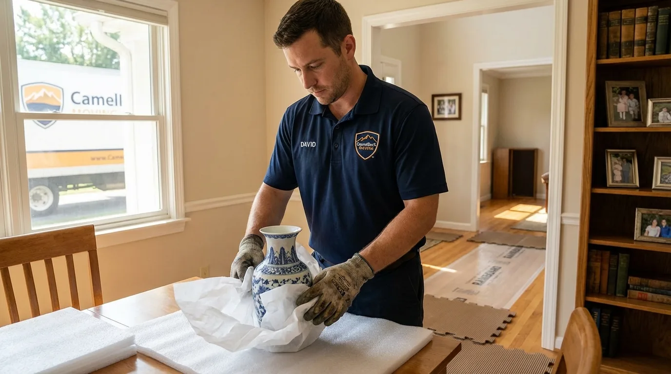 Professional crew carefully wrapping antique vase for senior downsizing move in Little Valley, NY